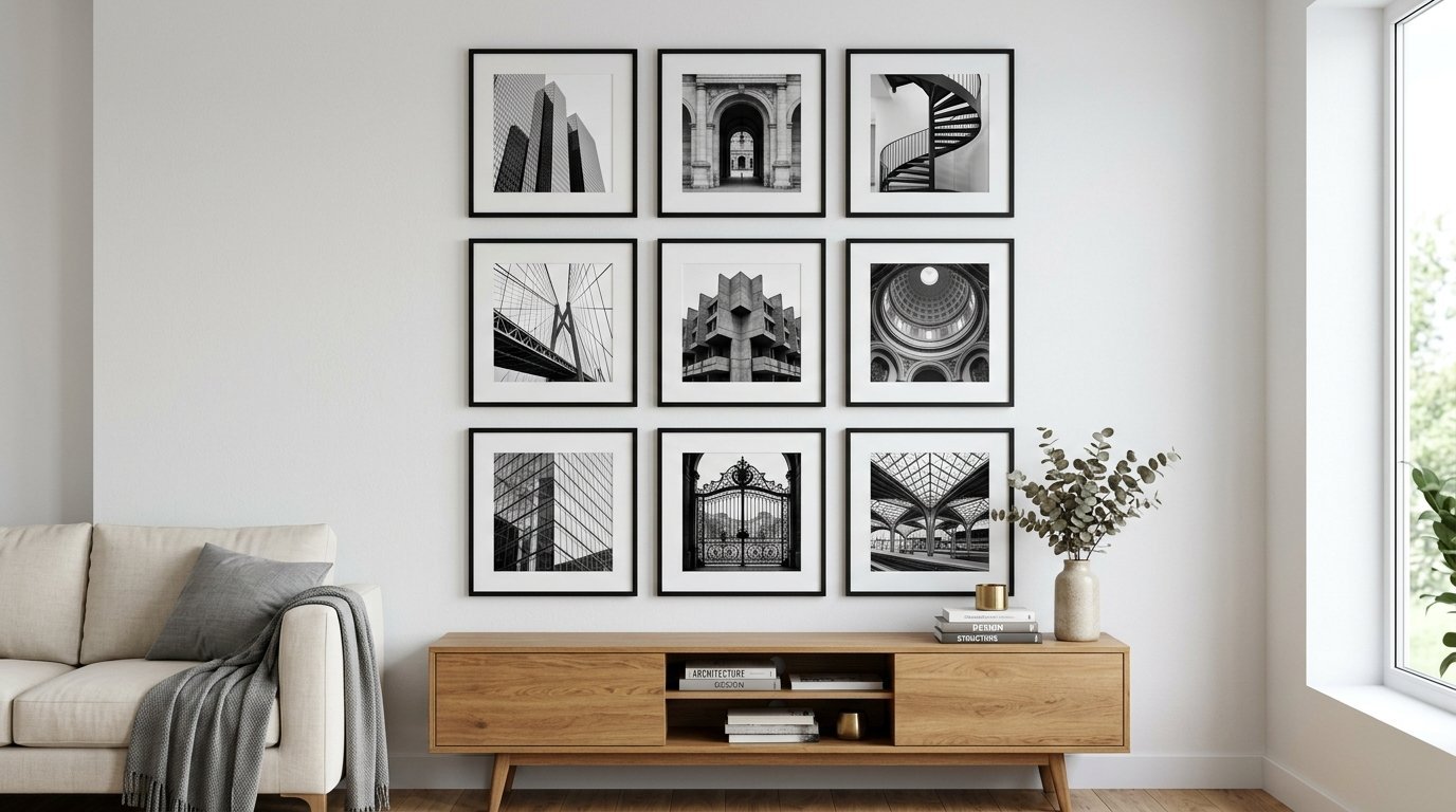 Nine framed monochromatic photos of urban architecture arranged on a white wall above a wooden media console.