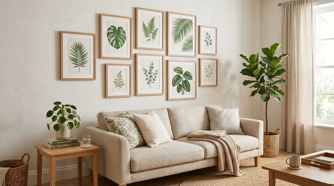 A beige sofa sits beneath nine framed botanical plant prints on a light-colored living room wall.