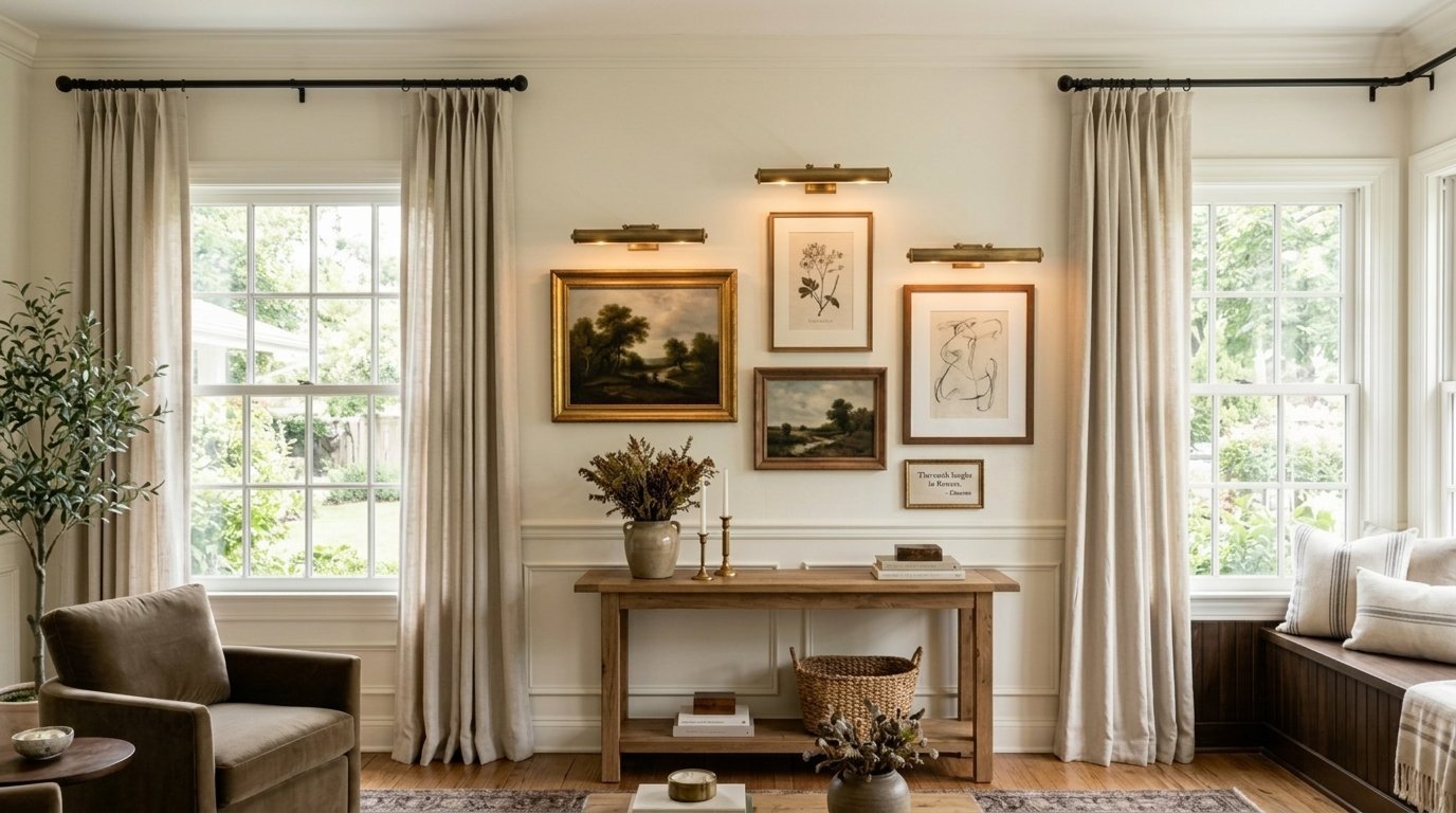 Wooden console table sits below a wall gallery of framed art and brass picture lights in a bright cozy living room.