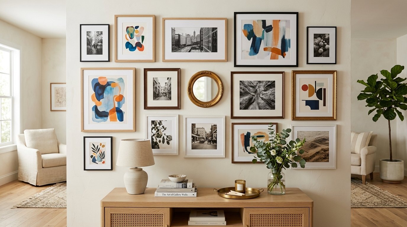 A cream-colored wall displays a collection of framed art, photos, and a round gold mirror above a wooden console.