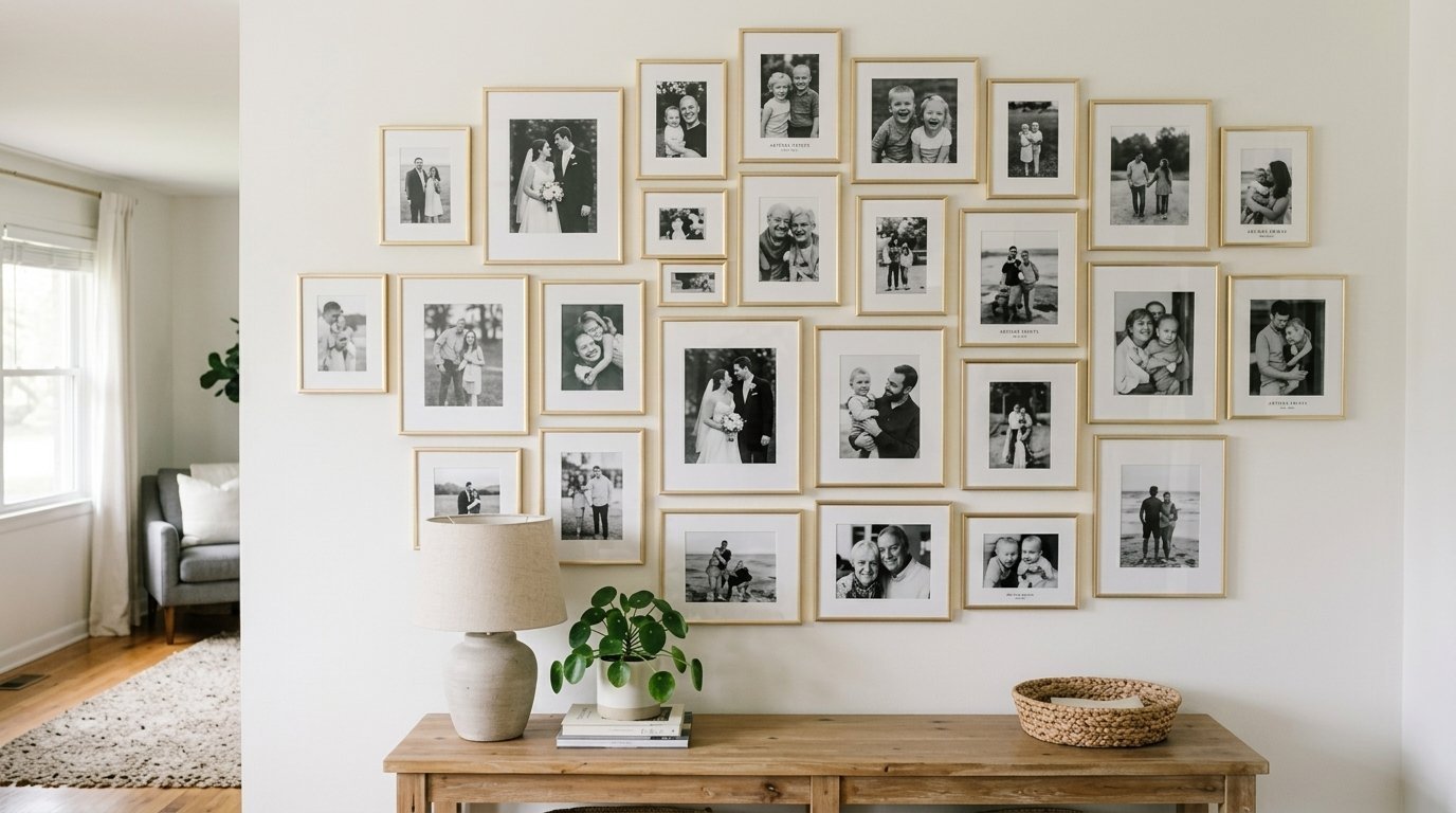 White wall decorated with a collection of gold-framed black and white family photographs above a wood console table.