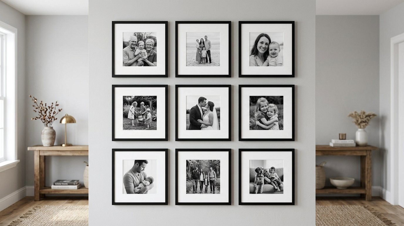 Symmetrical wall display featuring nine square black frames with various family photographs.