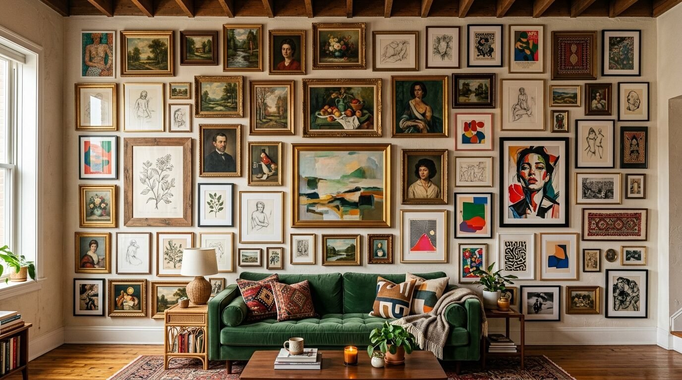 A living room interior featuring an emerald green sofa surrounded by dozens of framed eclectic art pieces.