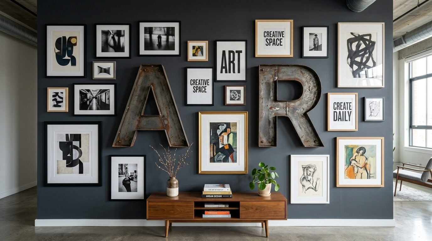 A dark gray wall covered in a curated gallery of framed art and large, rusted metal letters spelling ART.