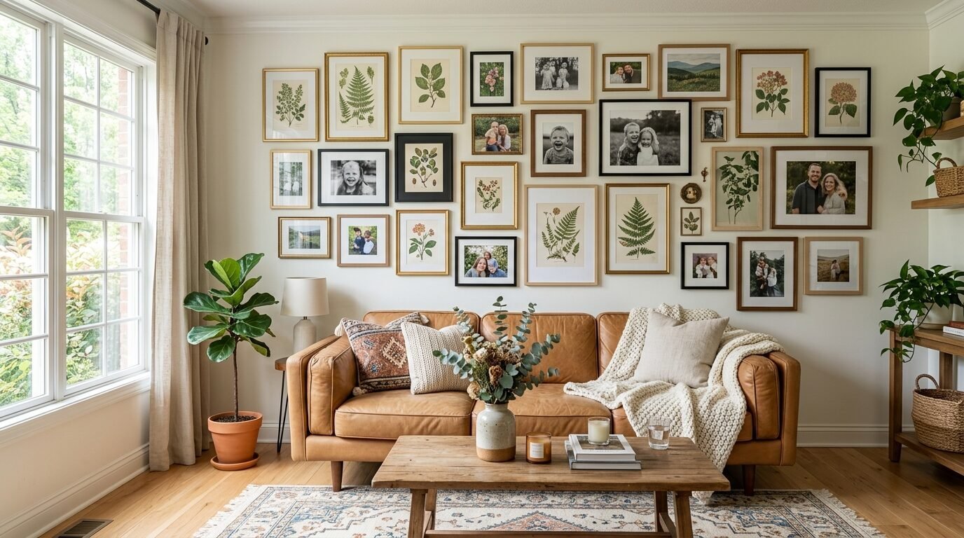 A gallery wall featuring framed botanical prints and family photos hanging over a modern brown leather sofa.