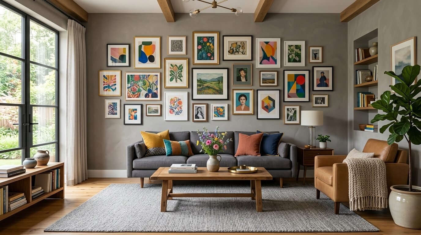 A grey sofa sits below a collection of colorful framed prints in a modern living room.