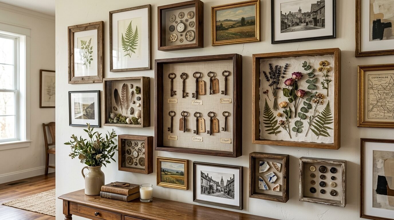 A cream-colored wall displays a collection of framed shadow boxes containing old keys, dried flowers, and small artifacts.