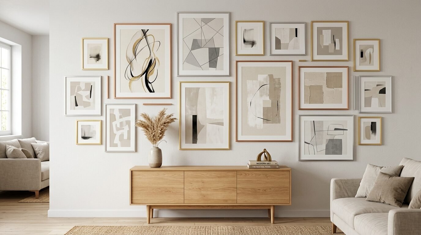 Collection of various framed abstract prints displayed above a light wood media console in a living room.