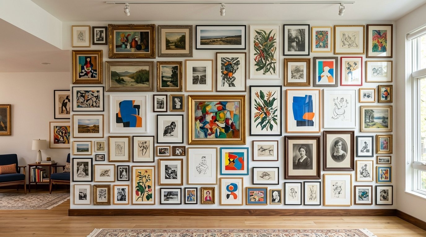 A large feature wall covered in framed paintings, drawings, and prints of various sizes and styles.