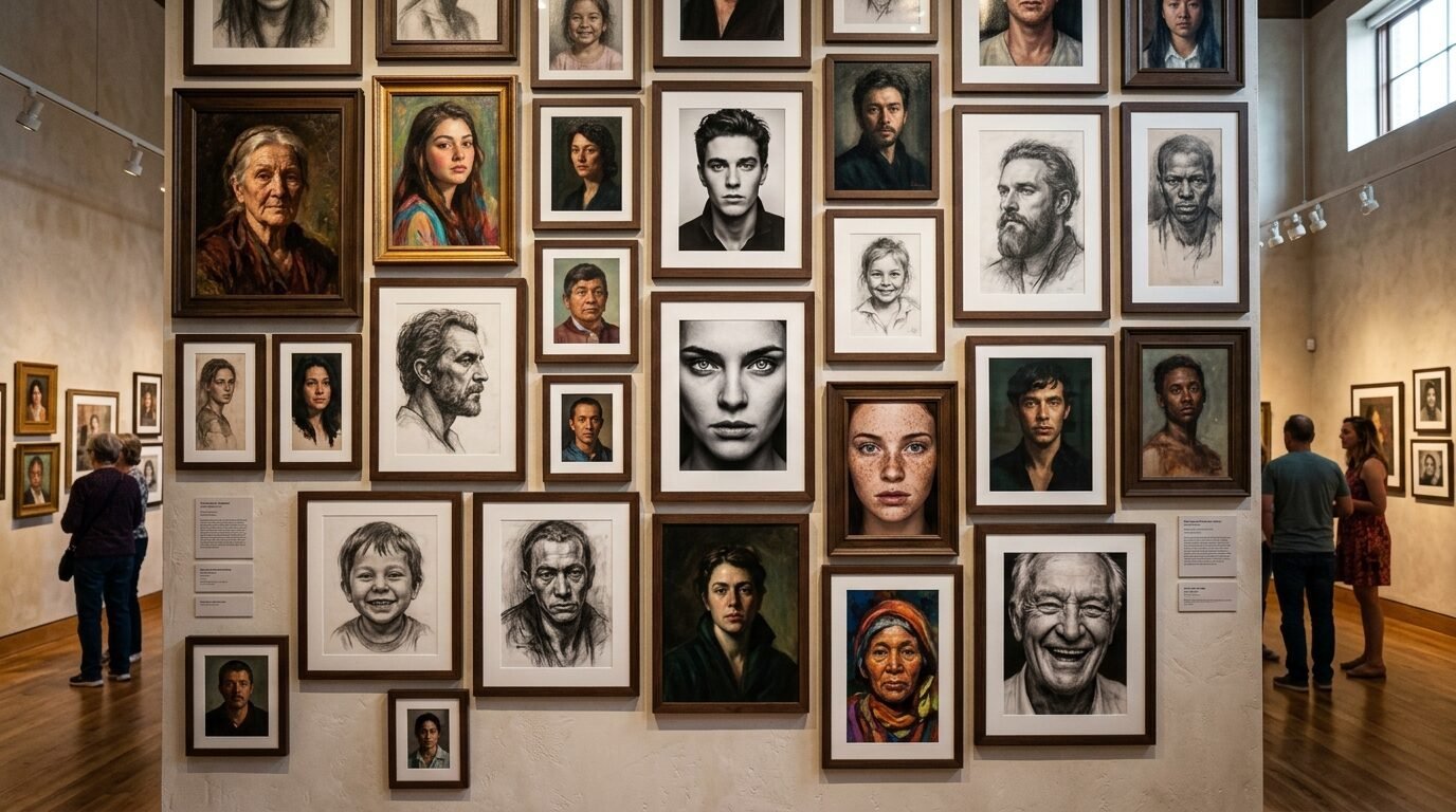 A large gallery wall featuring various framed charcoal and painted portraits of people.