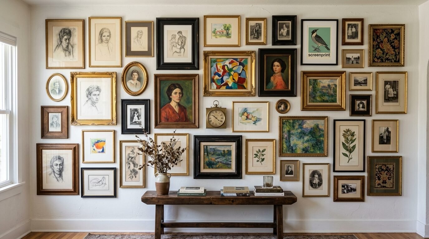A large collection of diverse framed art and photographs hanging on a white wall above a wooden bench.