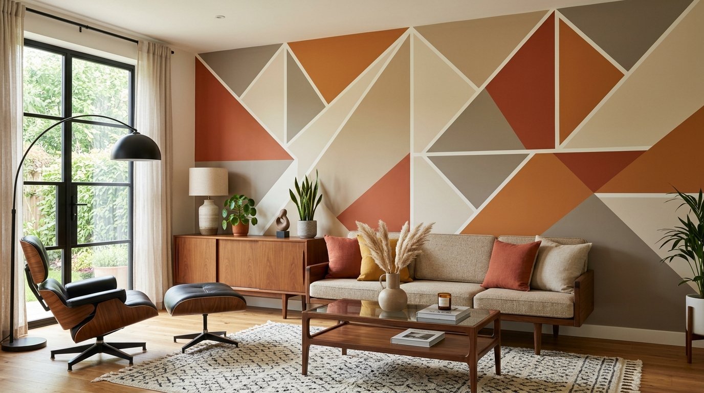 A living room features a triangular patterned accent wall in warm terracotta and neutral earth tones.