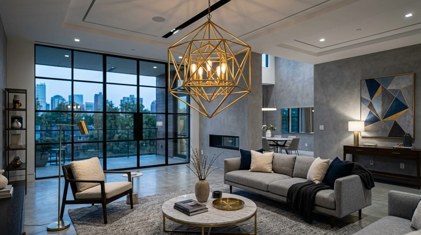 A large gold-toned geometric frame chandelier hangs over a gray sofa and marble coffee table in an open-concept lounge.