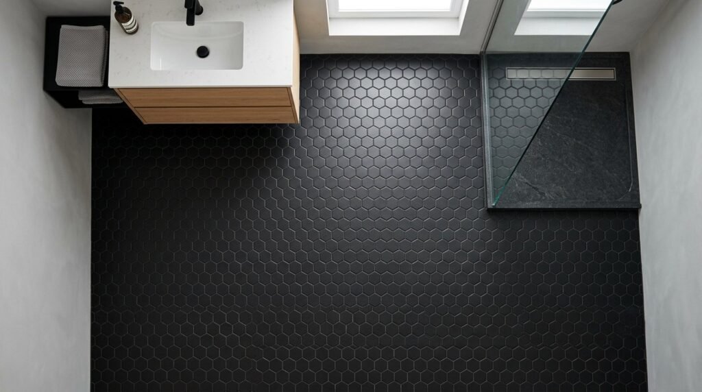 Close up of elegant white and grey hexagon floor tiles with a matte finish.