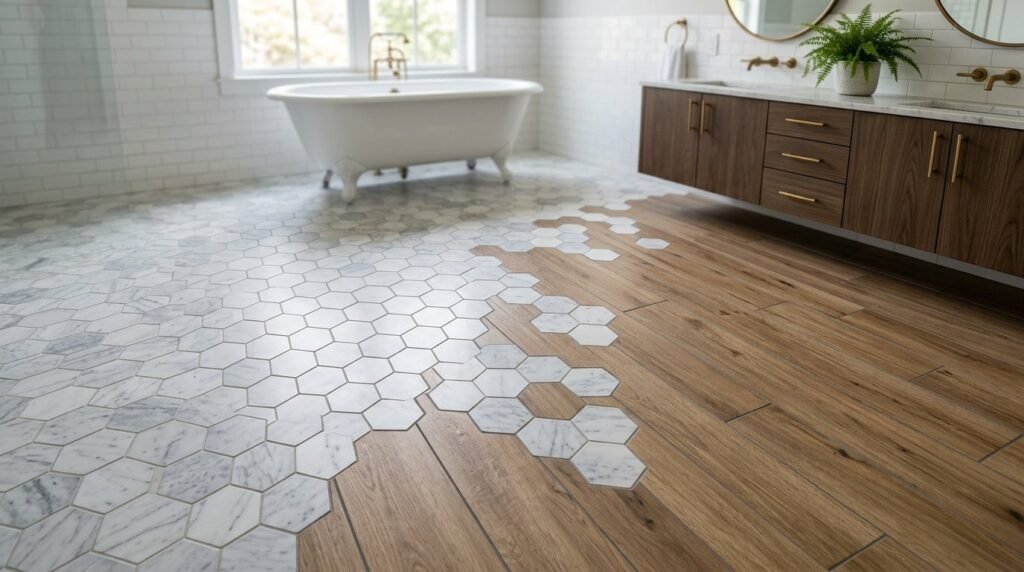 Close up view of modern wall featuring hexagonal tiles with a unique gradient color bleed effect.