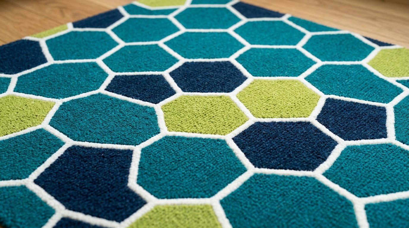 Close up of a plush rug with blue, teal, and lime green hexagon shapes separated by white outlines.