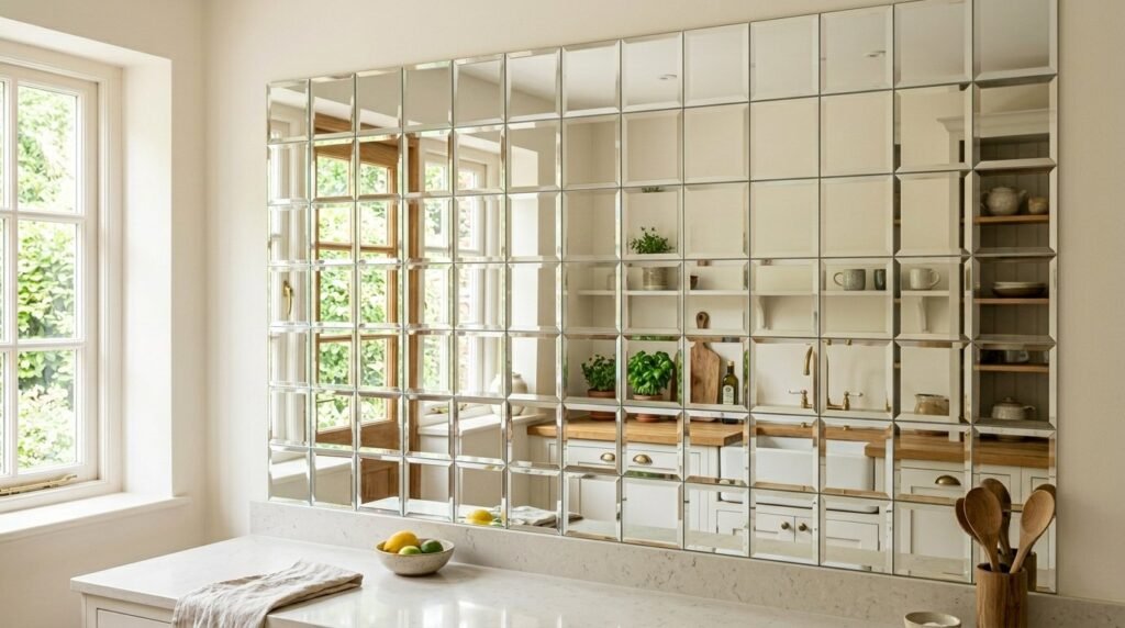 Close up view of modern geometric mirror tiles reflecting ambient light and blurred patterns.