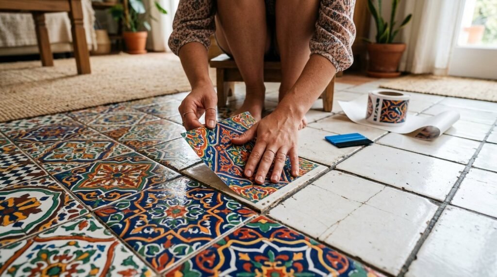 Close up of vibrant Moroccan inspired vinyl tile floor with intricate geometric patterns.