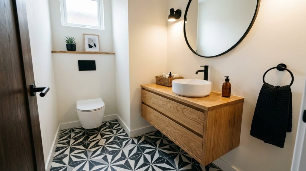 Close up view of a decorative geometric patterned cement tile floor with a matte finish.