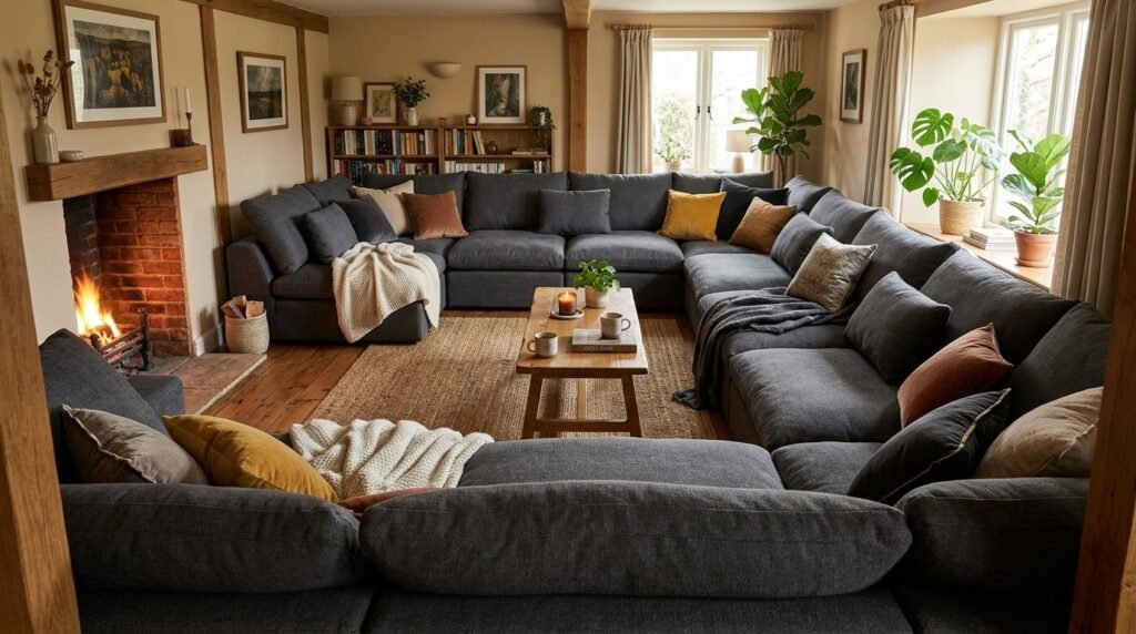 A large giant modular sectional sofa placed in a bright, modern living room interior.