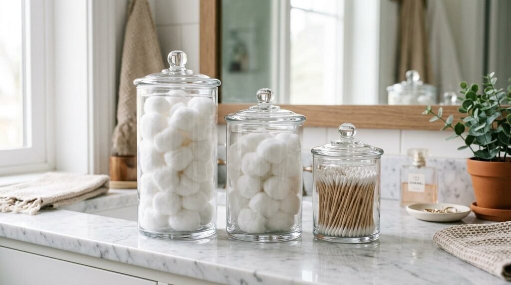 Several clear glass jars arranged together and filled with soft white cotton balls for home decor.