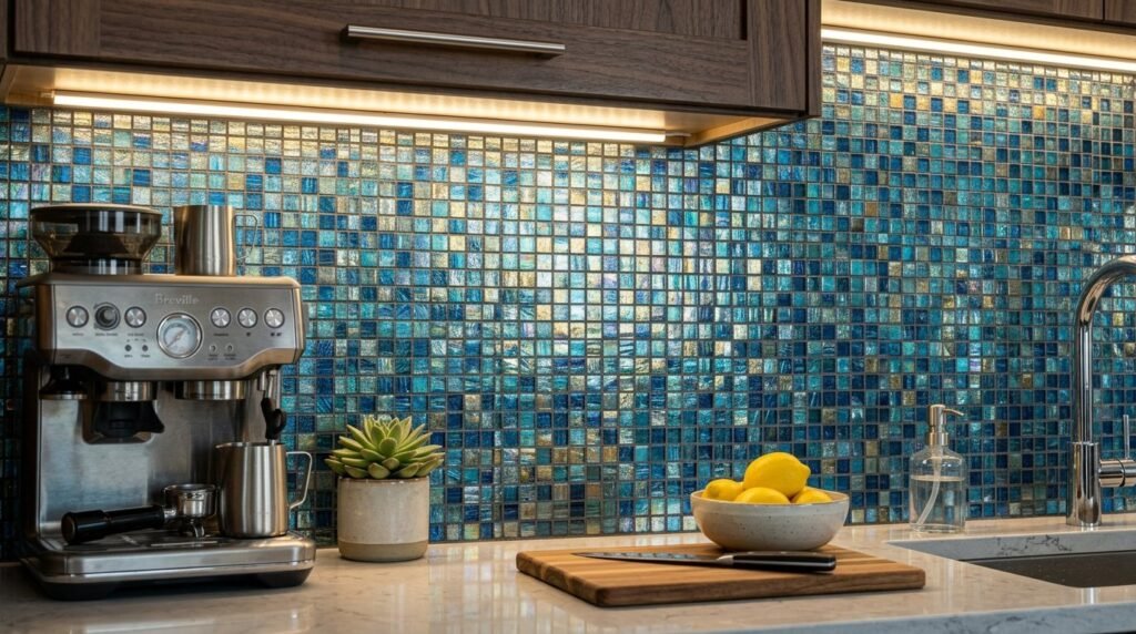 Close up view of elegant glass mosaic peel and stick wall tiles with reflective texture.