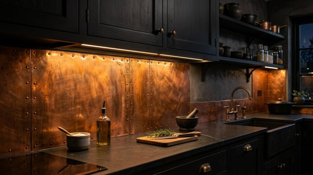 Close up view of a luminous hammered copper tile backsplash in a modern residential kitchen interior.