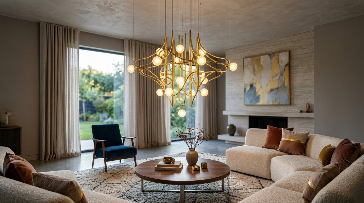 Intricate gold metal chandelier with globe bulbs illuminating a contemporary living area with a blue chair and curved sofa.