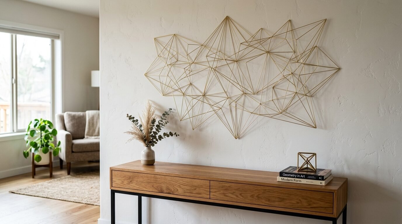 Intricate gold metal wire sculpture hanging on a white textured wall over a modern wood entry table.