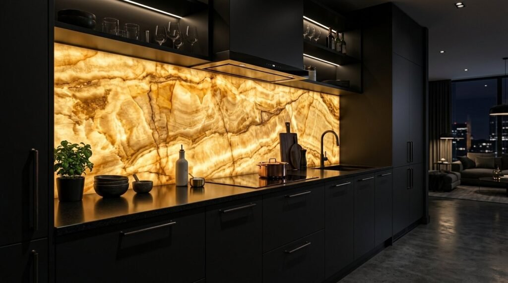A beautiful golden onyx slab featuring rich yellow and amber veins for luxury home interior design.
