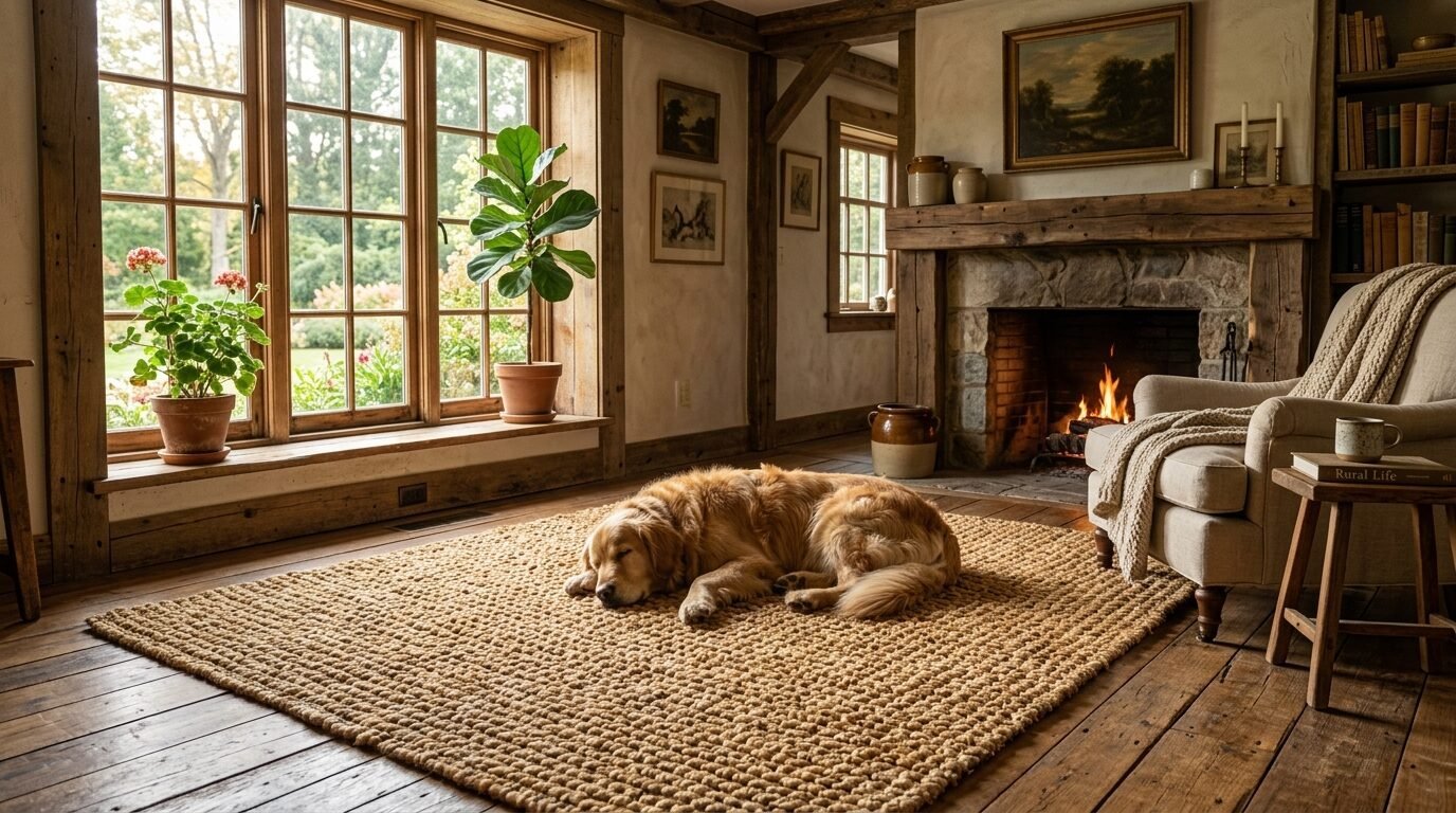 A fluffy golden retriever sleeping on a textured beige rug in a rustic living room with a stone fireplace.