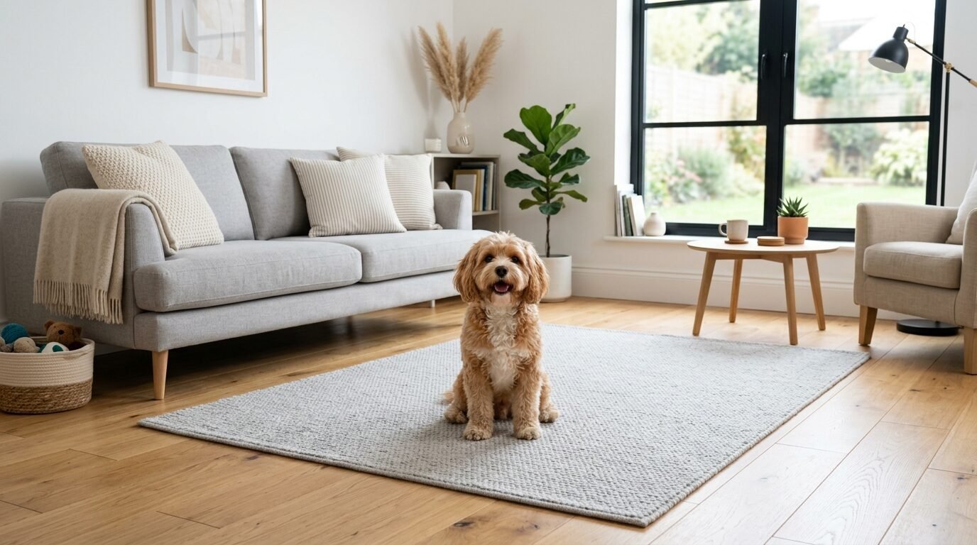 A golden-colored curly dog sits centered on a large grey rug in a sunlit modern living room.