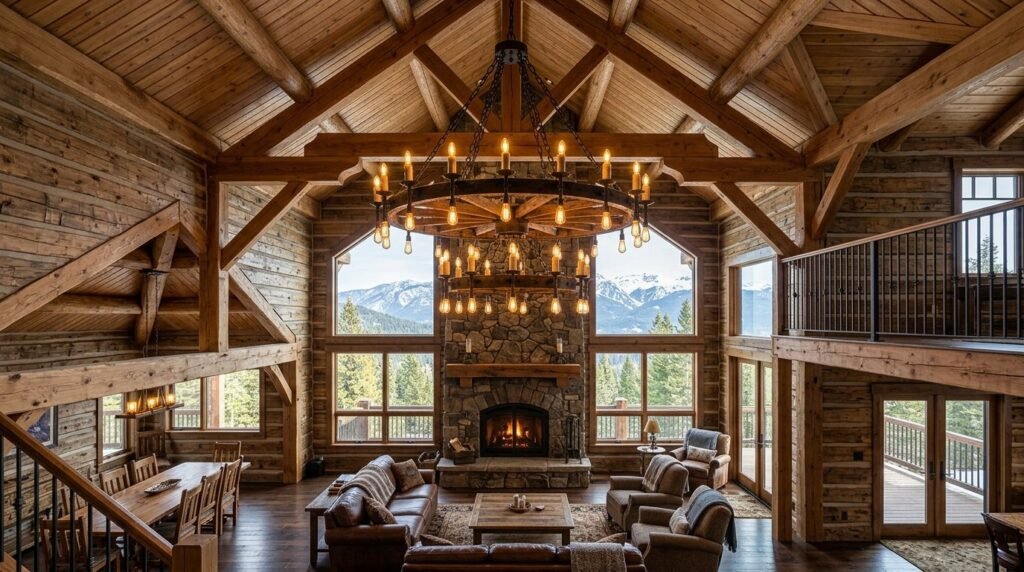 A decorative antique wagon placed as a centerpiece in a brightly lit modern great room.