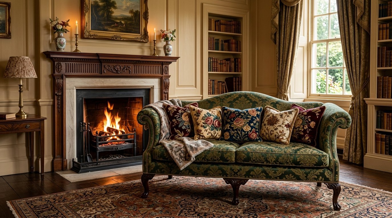 An ornate green damask sofa with floral pillows sits in front of a warm stone fireplace in a formal library room.