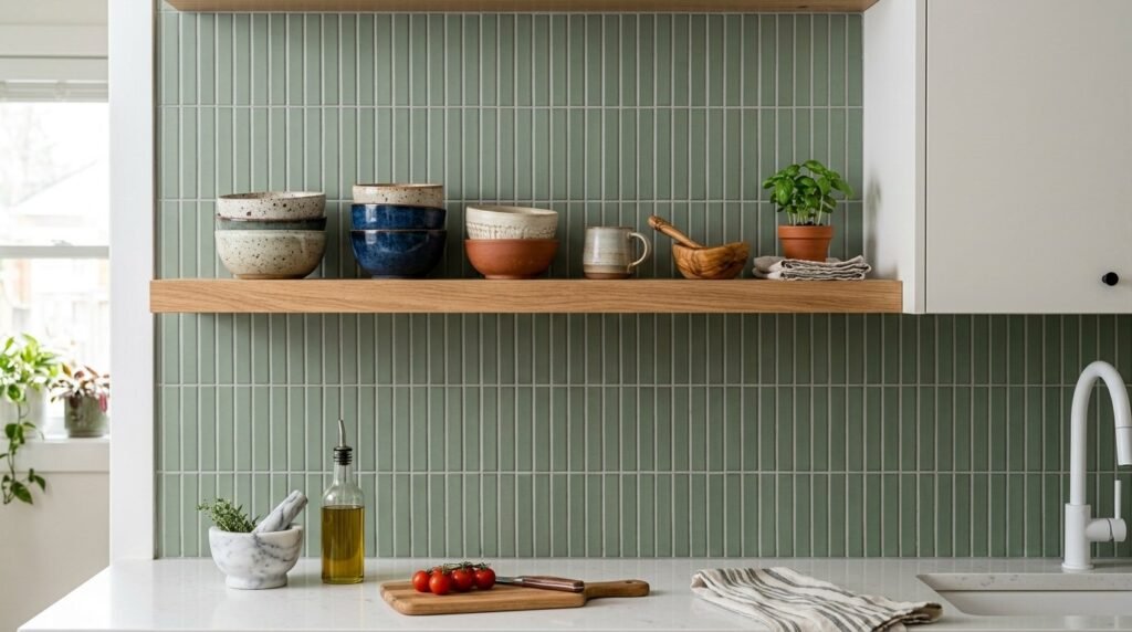 Close up view of elegant green finger tiles with a glossy finish on a kitchen wall.