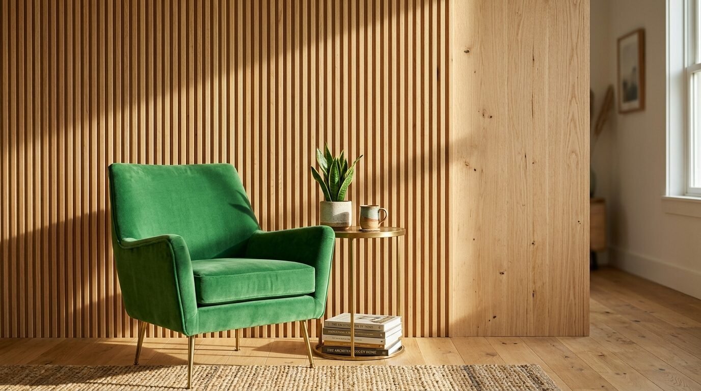 Emerald green velvet chair next to a brass side table and books in front of modern wood paneling.