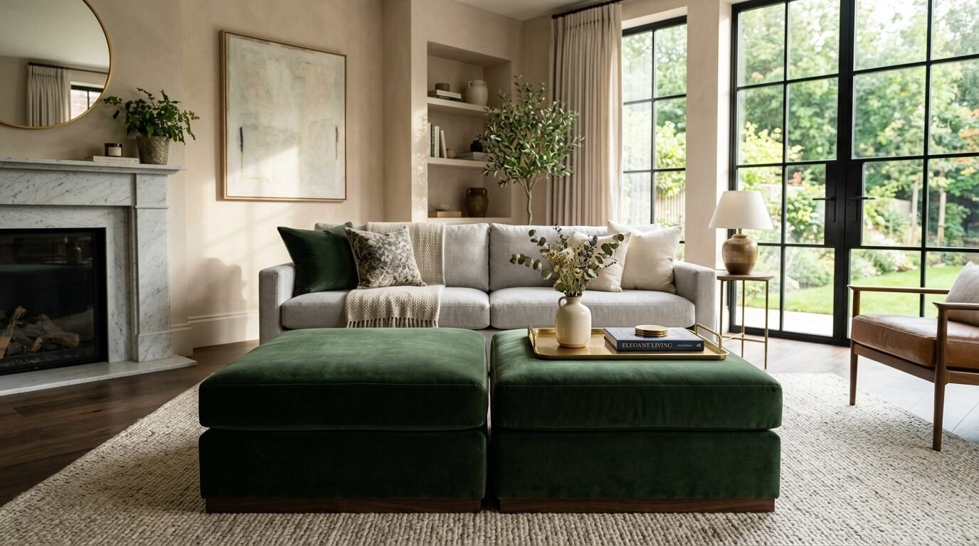 Two large square green velvet ottomans sit on a textured area rug in front of a grey sofa.