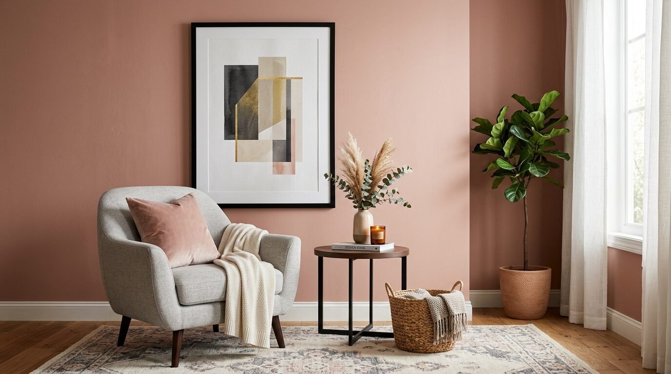 A light grey upholstered chair with a pink cushion sits against a dusty rose wall with a framed geometric print.