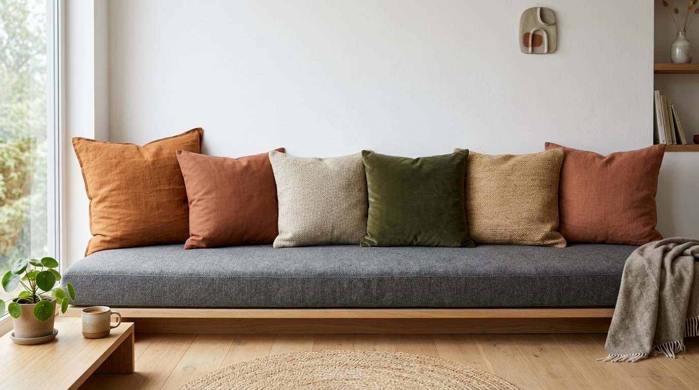 A low wooden bench seat with a grey mattress and multiple accent pillows in shades of rust, olive, and beige.