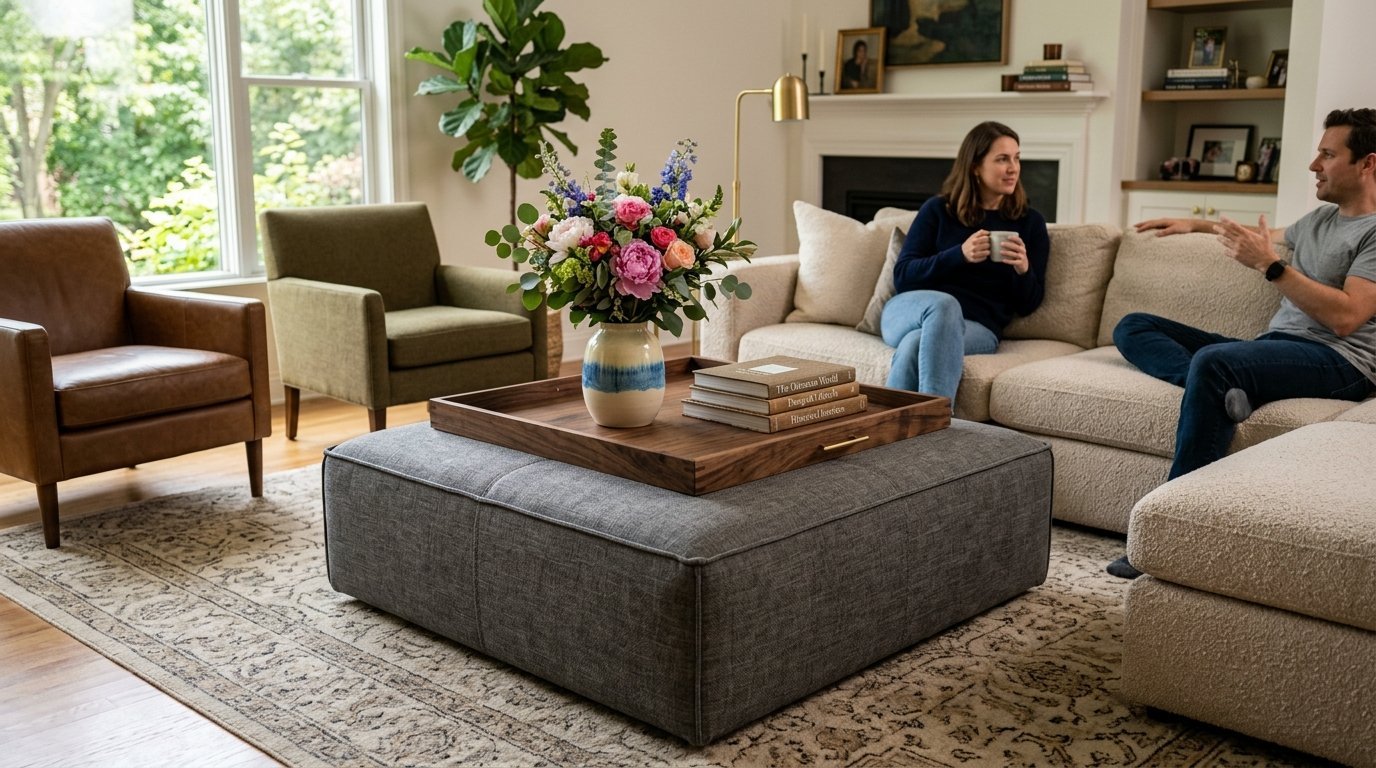 Large grey ottoman with a wooden tray and flowers in a home living room with a couple seated on a sofa.