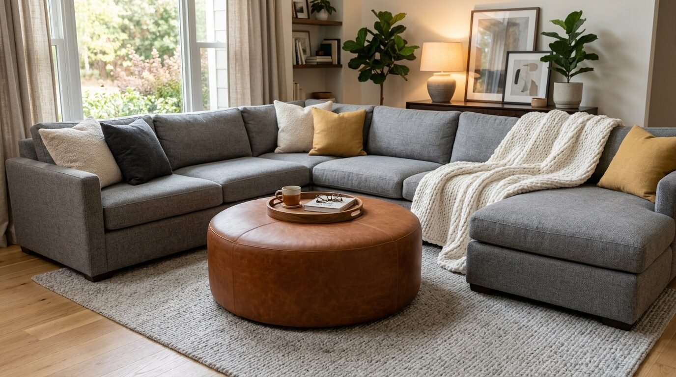 A large grey sectional sofa with yellow pillows and a round brown leather ottoman on a textured area rug.