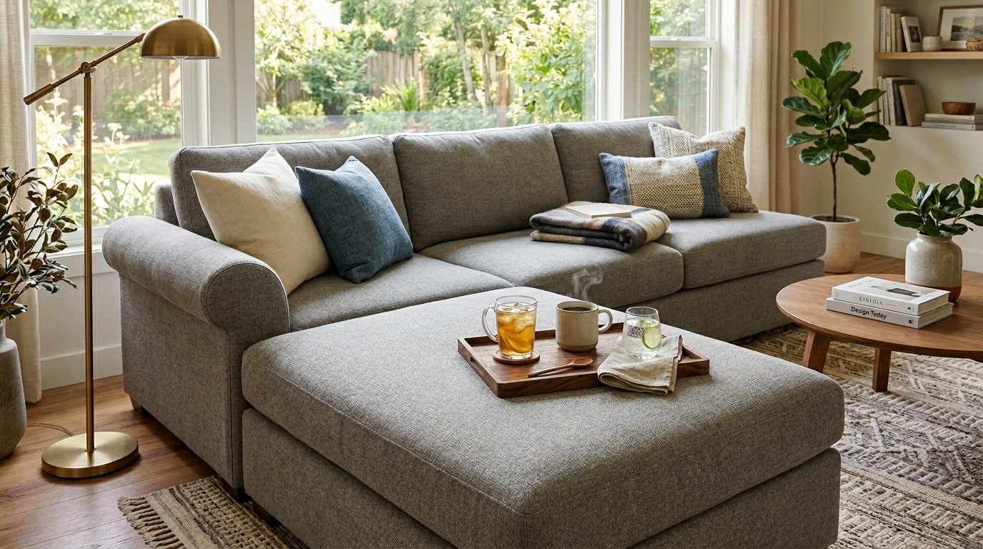 A grey sectional sofa with a wooden tray holding drinks on the ottoman in a sunlit living room.
