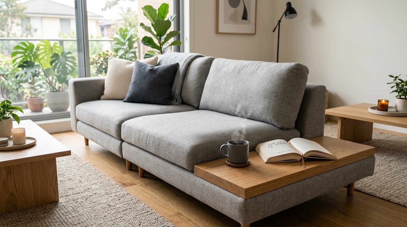 Modern grey sofa with a steaming mug and an open book resting on its integrated oak side platform.