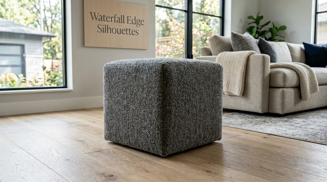 Textured square grey footstool centered in a bright modern living room with a sofa nearby.