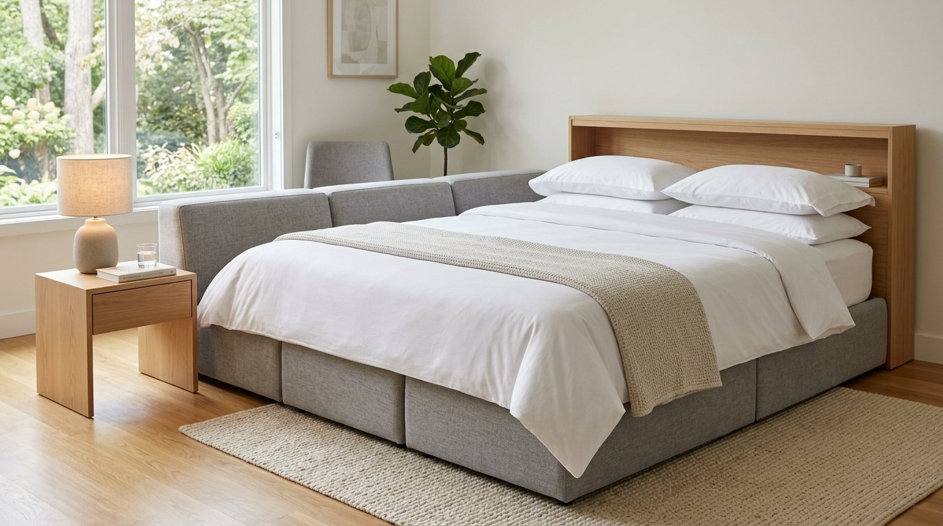 A grey modular sofa with a wooden headboard extended into a bed with white bedding and a beige runner.