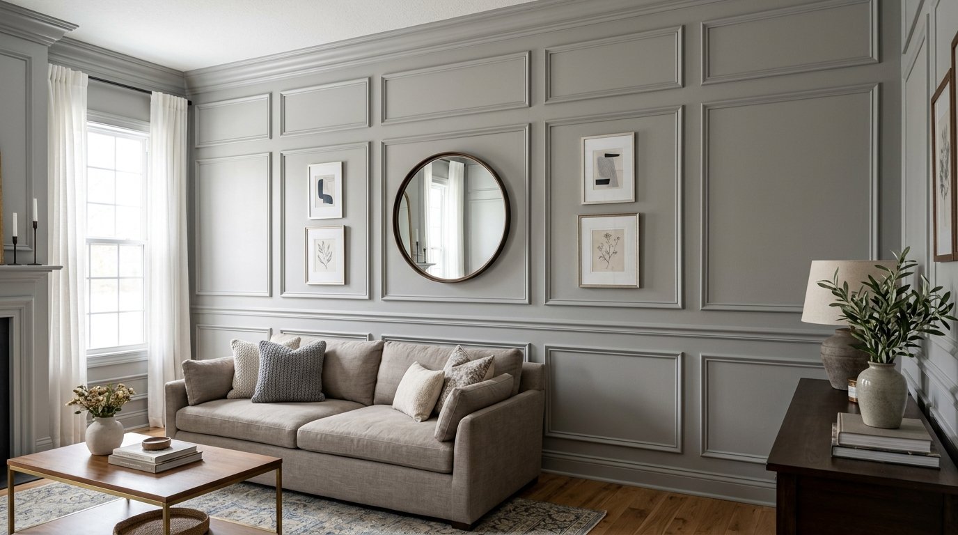Modern living room with a beige sofa, round mirror, and framed wall art against grey paneling.