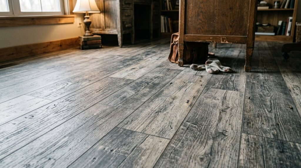 Close up shot of grey wood grain patterned vinyl flooring planks