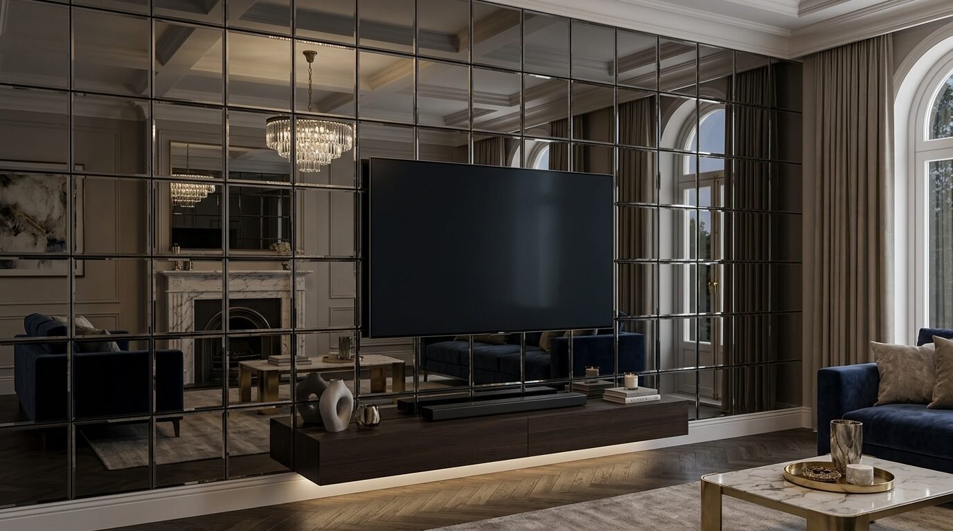 A large flat screen TV mounted on a wall made of square mirror tiles in a luxury living room.
