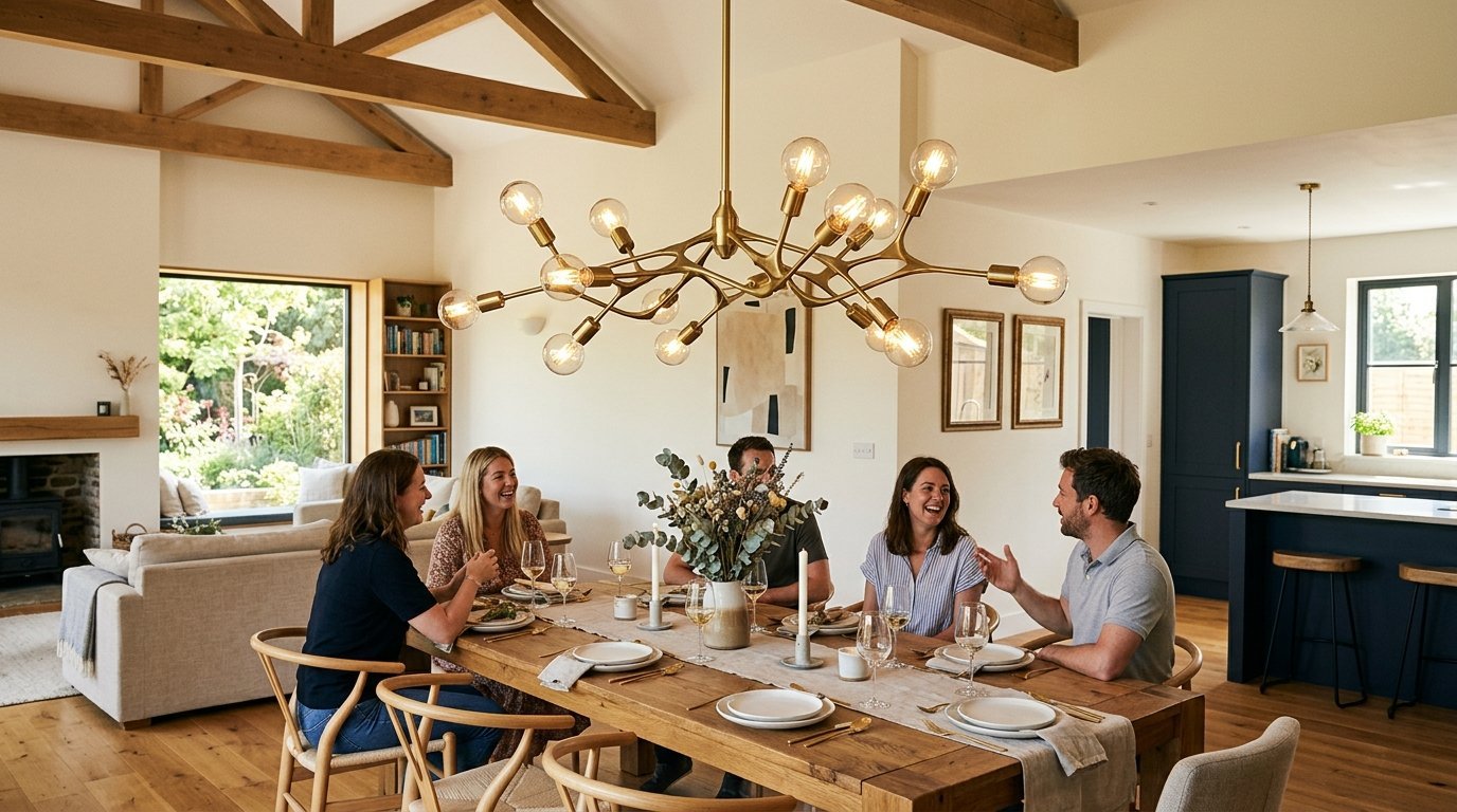 Four friends laughing and talking around a wooden dining table in a bright open-plan kitchen and living space.
