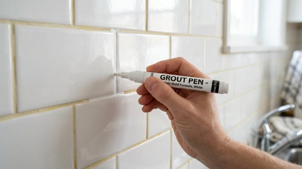 Close up view of a hand using a grout pen to refresh dirty tile lines in a kitchen.